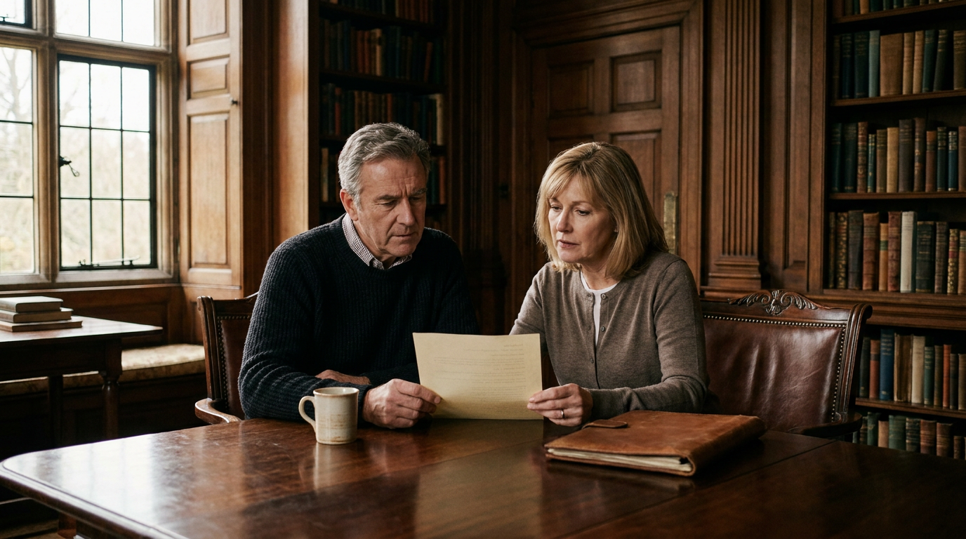 A British couple in their late fifties at a dark mahogany table in a warm, panelled study, reading a document together in the moment before a significant financial decision.