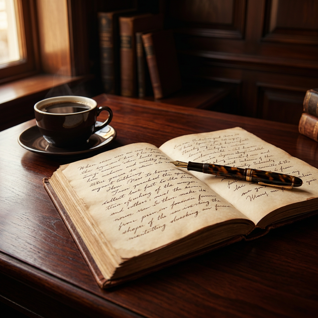 A dark mahogany desk: an open leather-bound notebook with handwritten notes, a fountain pen resting on the page, and a cup of coffee in warm, low light.